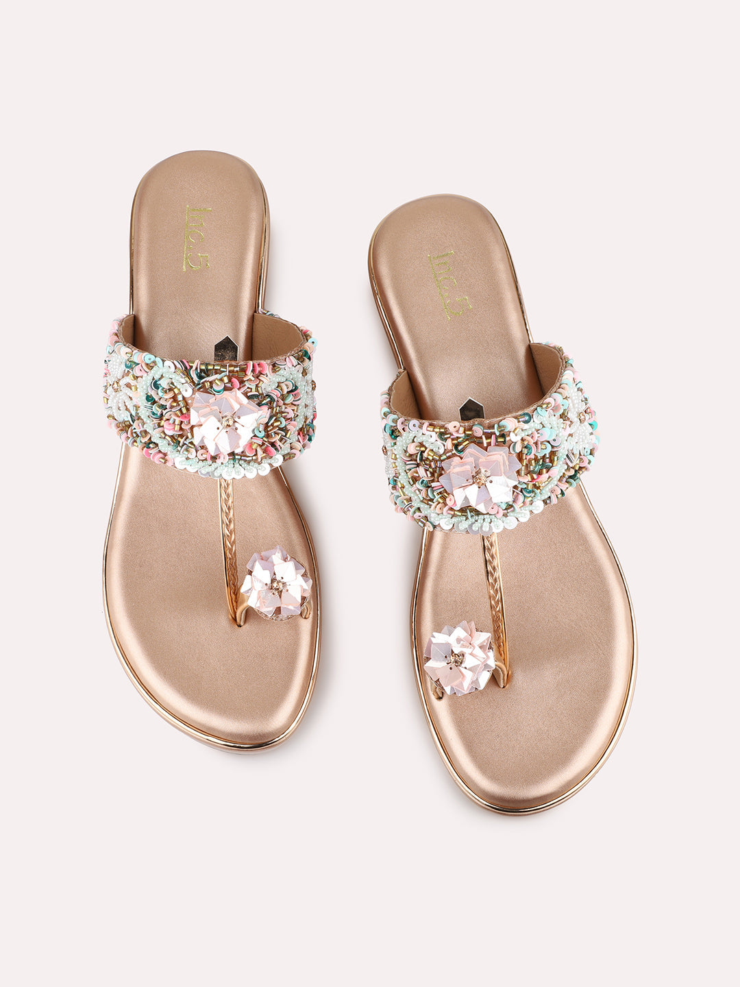 Womens Rose Gold Ethnic Embellished Round Toe Wedge Heel Sandals