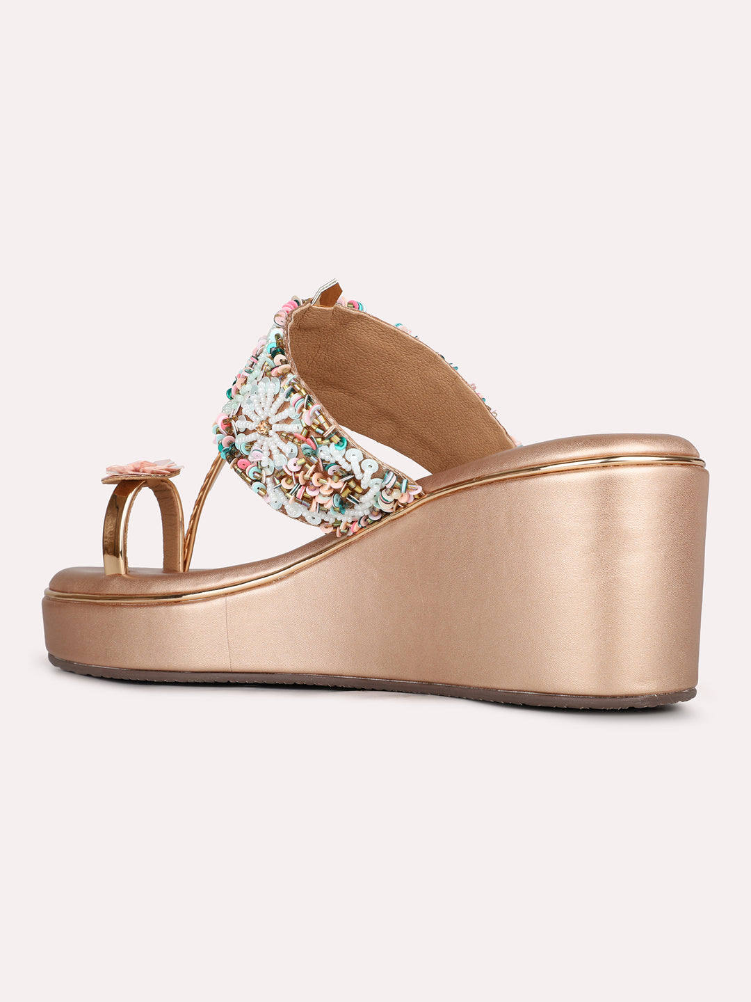 Womens Rose Gold Ethnic Embellished Round Toe Wedge Heel Sandals