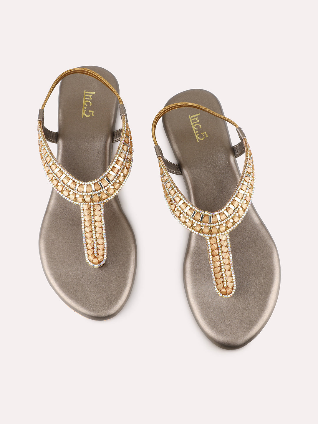 Womens Golden Ethnic Embellished T-Strap Flat Slip-On Sandals