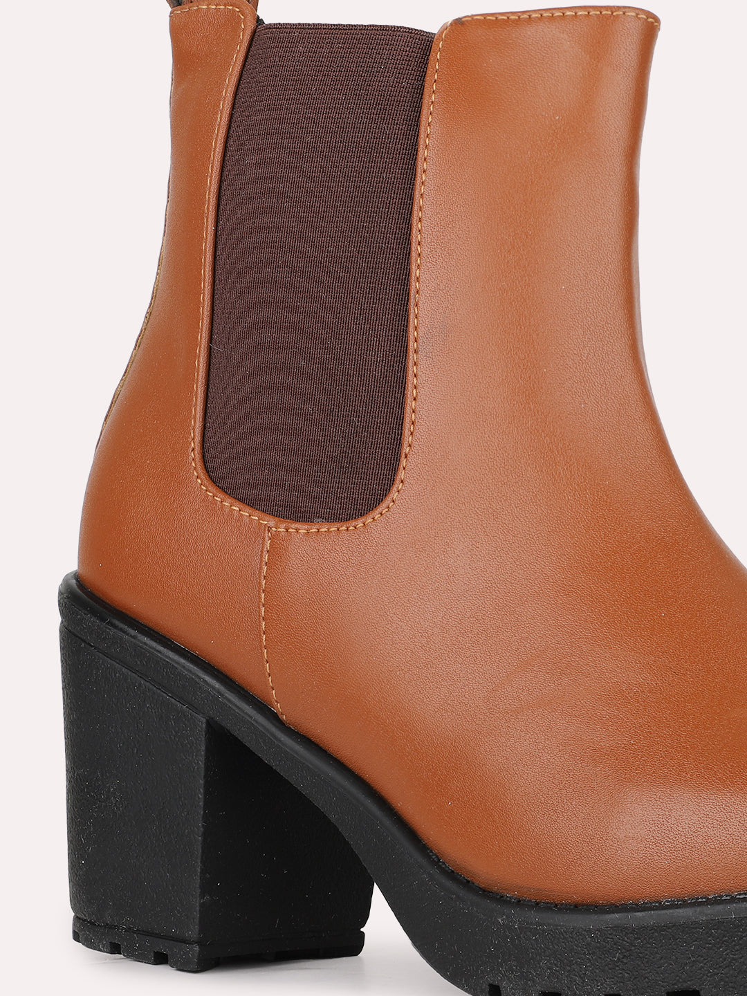 Womens Tan Party Wear Solid Round Toe Block Heel Chelsea Boots