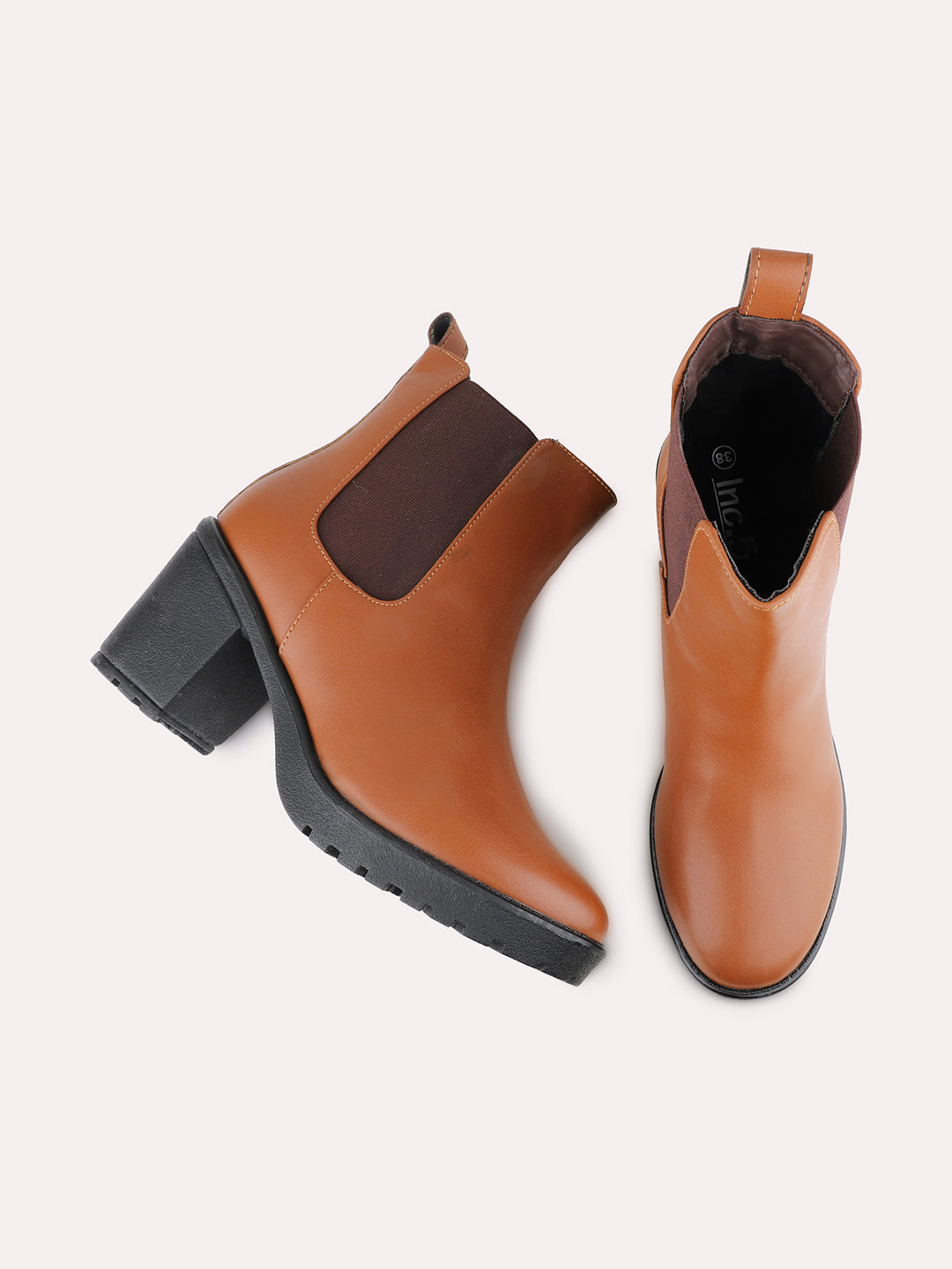 Womens Tan Party Wear Solid Round Toe Block Heel Chelsea Boots