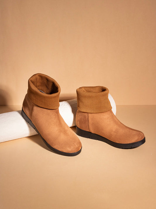 Womens Tan Party Wear Solid Round Toe Ankle Boots