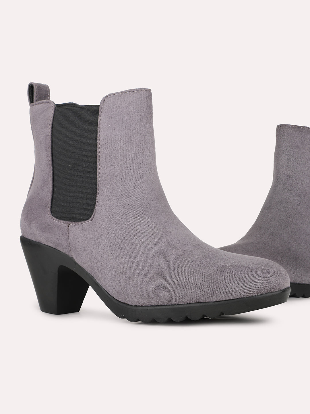 Womens Grey Party Wear Solid Round Toe Block Heel Chelsea Boots