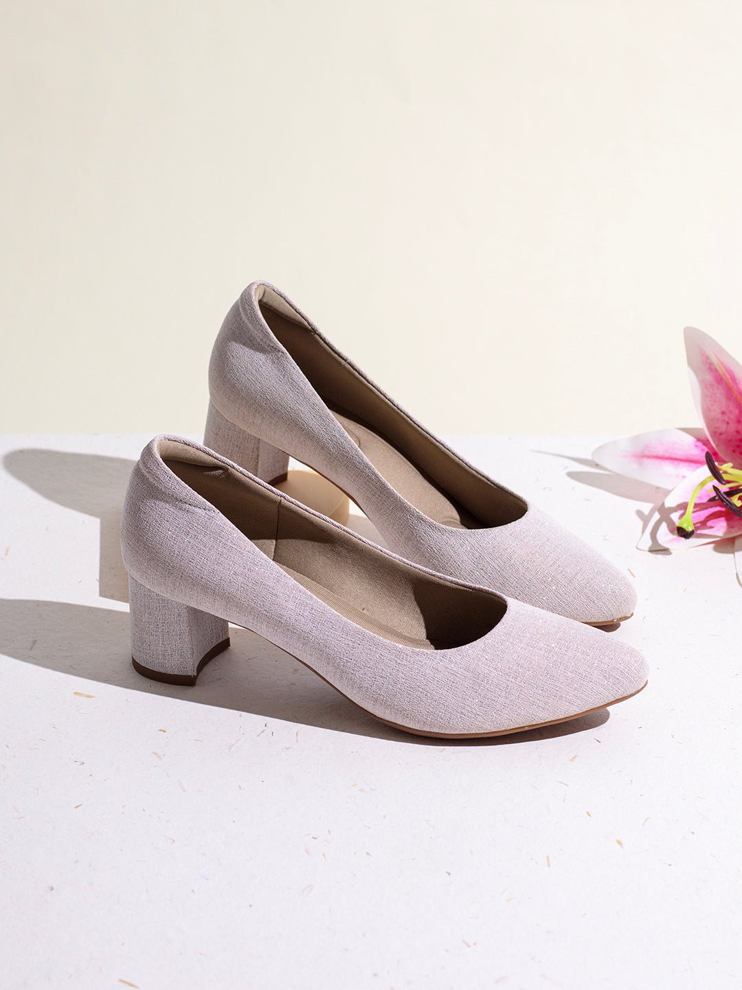 Womens Beige Party Wear Solid Round Toe Block Heel Pumps