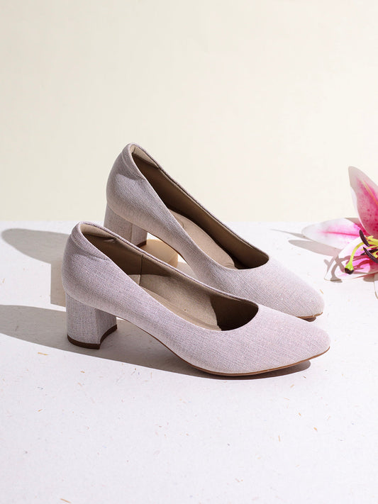 Womens Beige Party Wear Solid Round Toe Block Heel Pumps