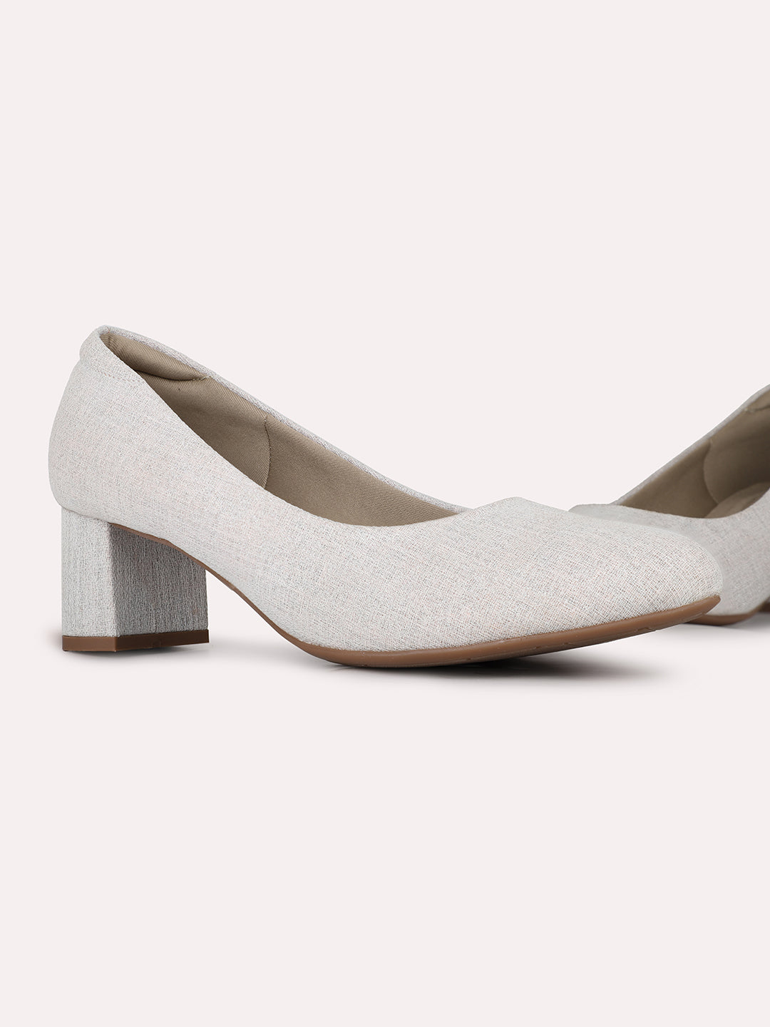 Womens Beige Party Wear Solid Round Toe Block Heel Pumps