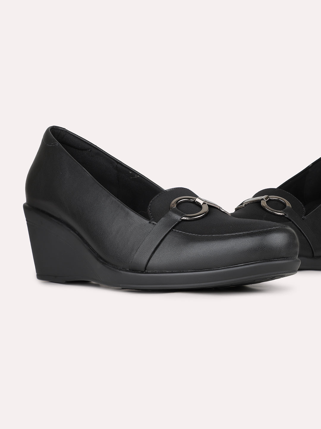 Womens Black Party Wear Solid Round Toe Wedge Heel Pumps