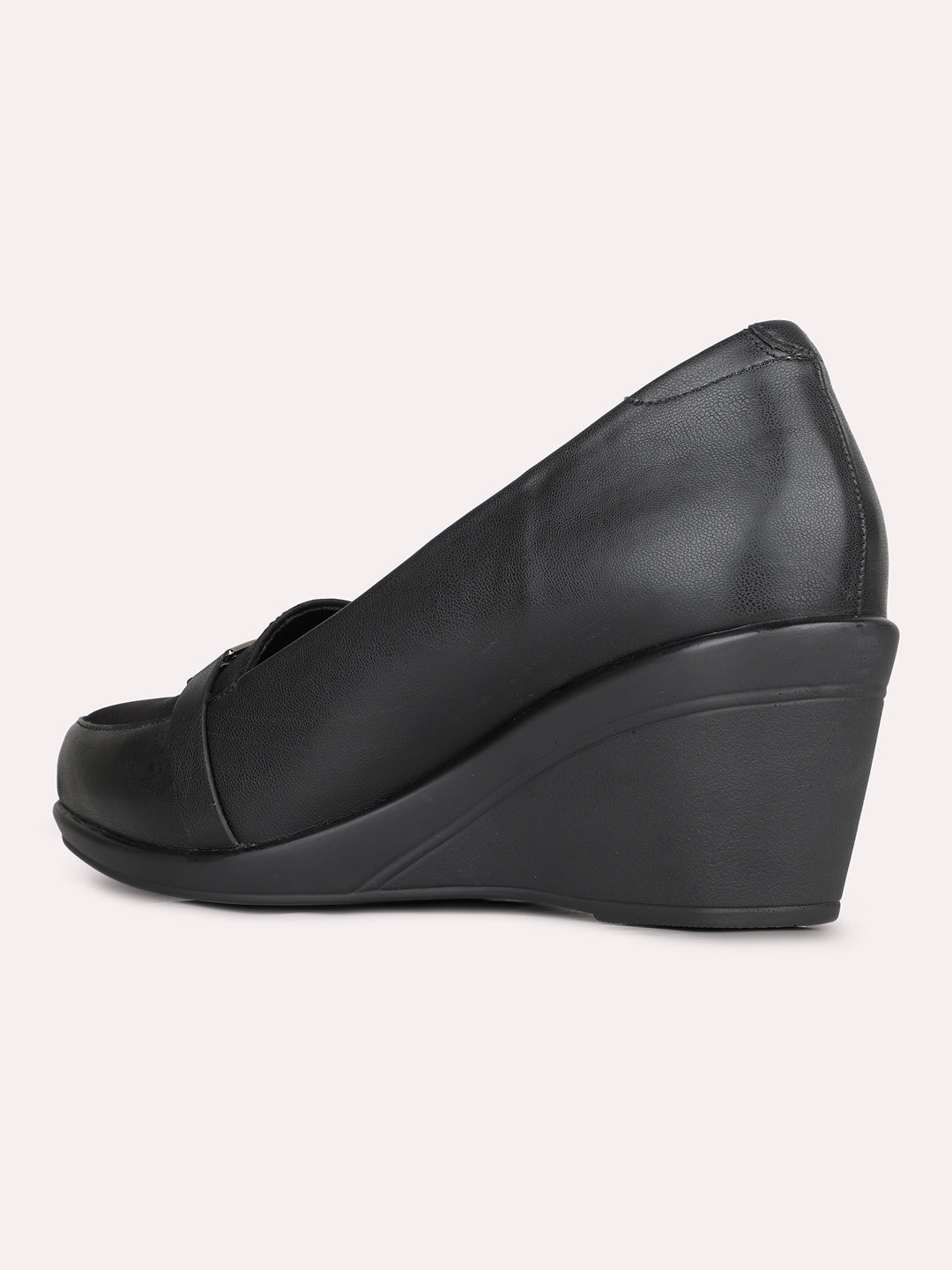 Womens Black Party Wear Solid Round Toe Wedge Heel Pumps