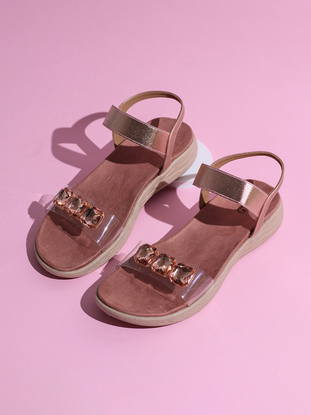 Womens Rose Gold Party Wear Transparent Open Toe Flat Sandals