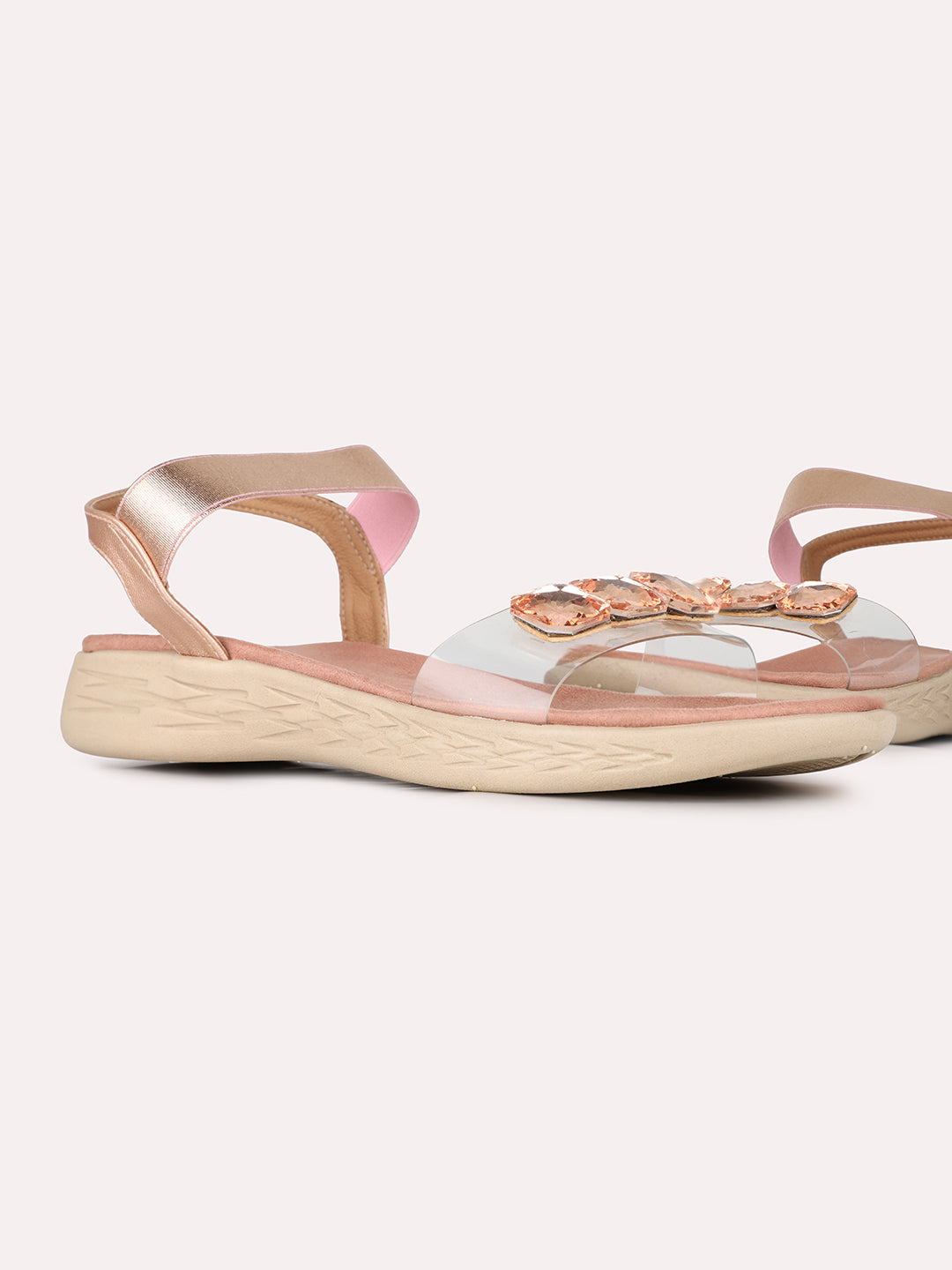 Womens Rose Gold Party Wear Transparent Open Toe Flat Sandals