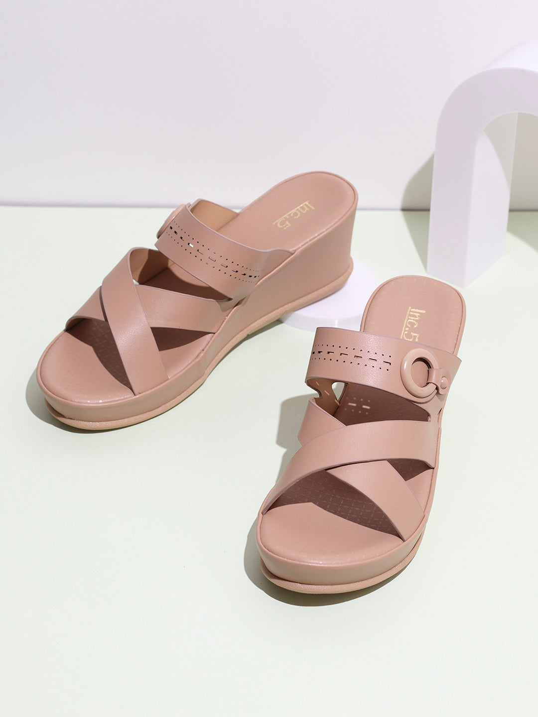 Womens Beige Party Wear Solid Round Toe Wedge Heel Sandals