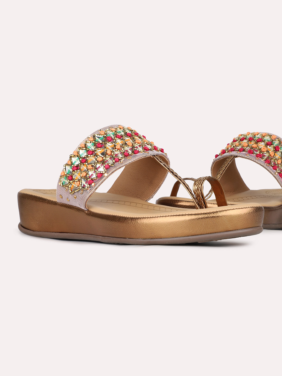 Womens Golden Ethnic Embellished One Toe Flat Slip-On Sandals