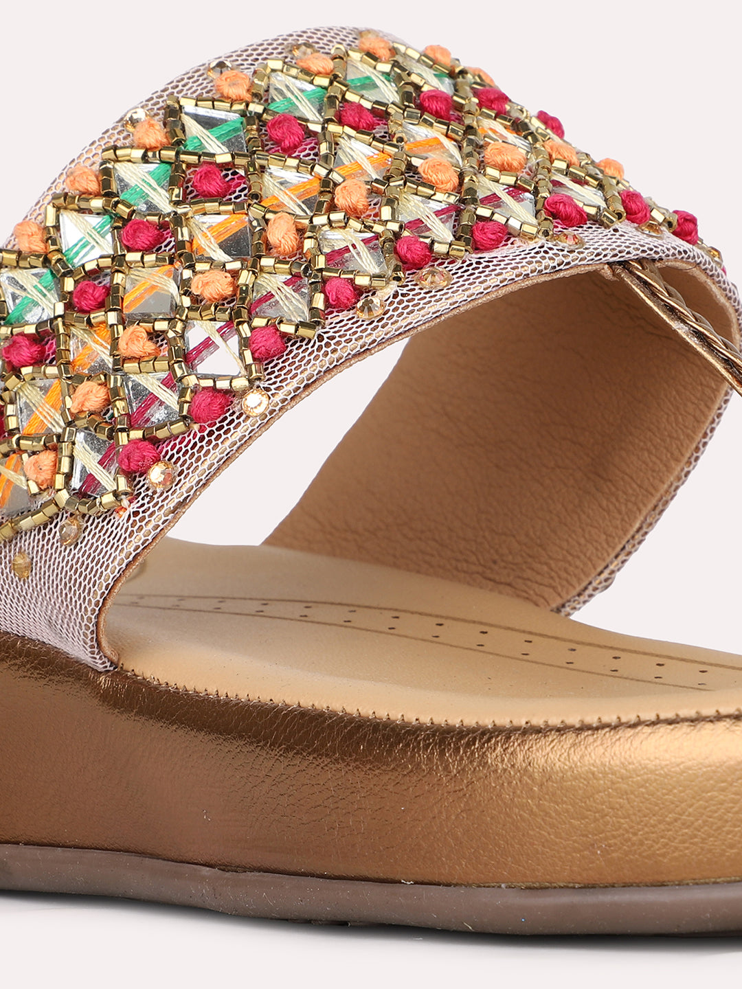 Womens Golden Ethnic Embellished One Toe Flat Slip-On Sandals