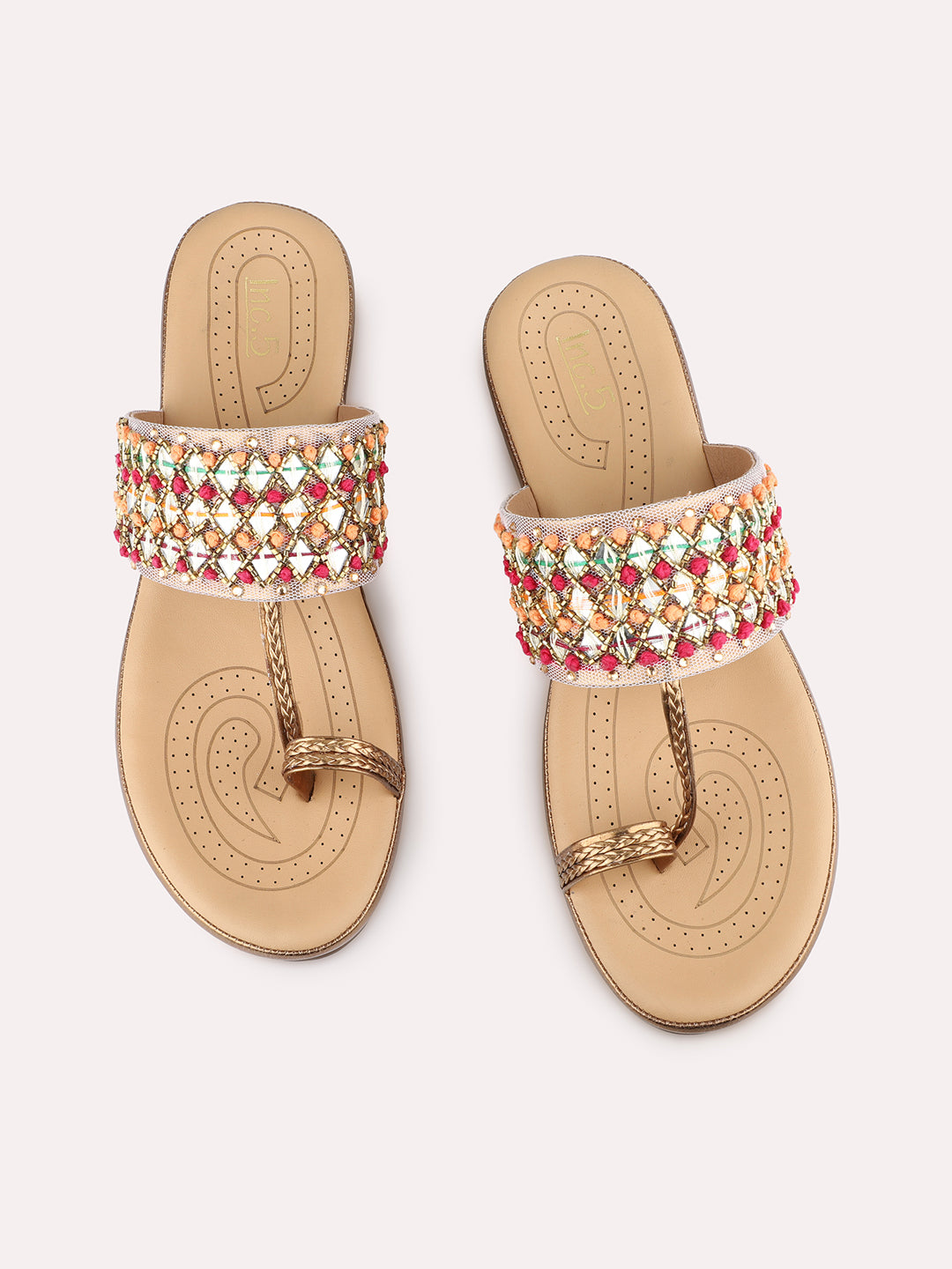 Womens Golden Ethnic Embellished One Toe Flat Slip-On Sandals