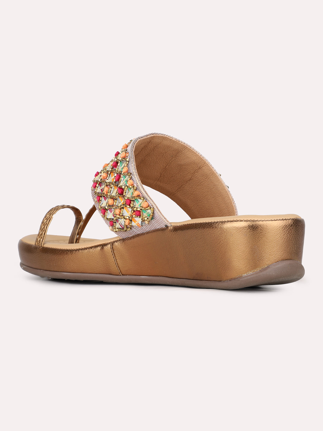 Womens Golden Ethnic Embellished One Toe Flat Slip-On Sandals