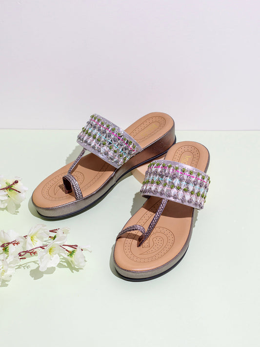 Womens Pewter Ethnic Embellished One Toe Flats