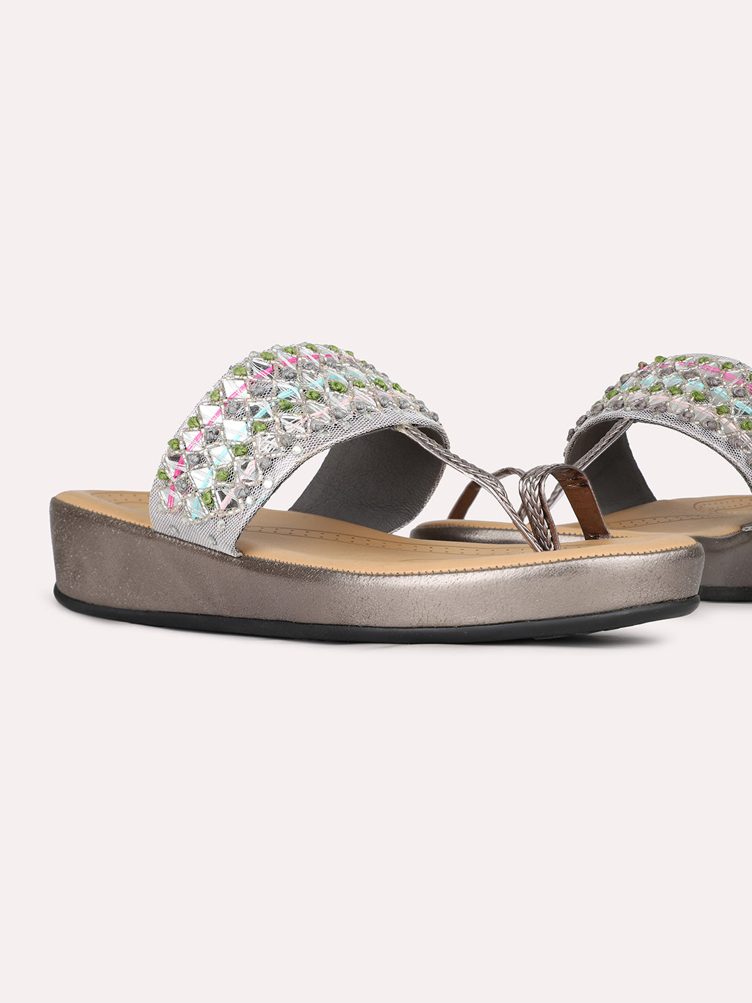 Womens Pewter Ethnic Embellished One Toe Flat Slip-On Sandals