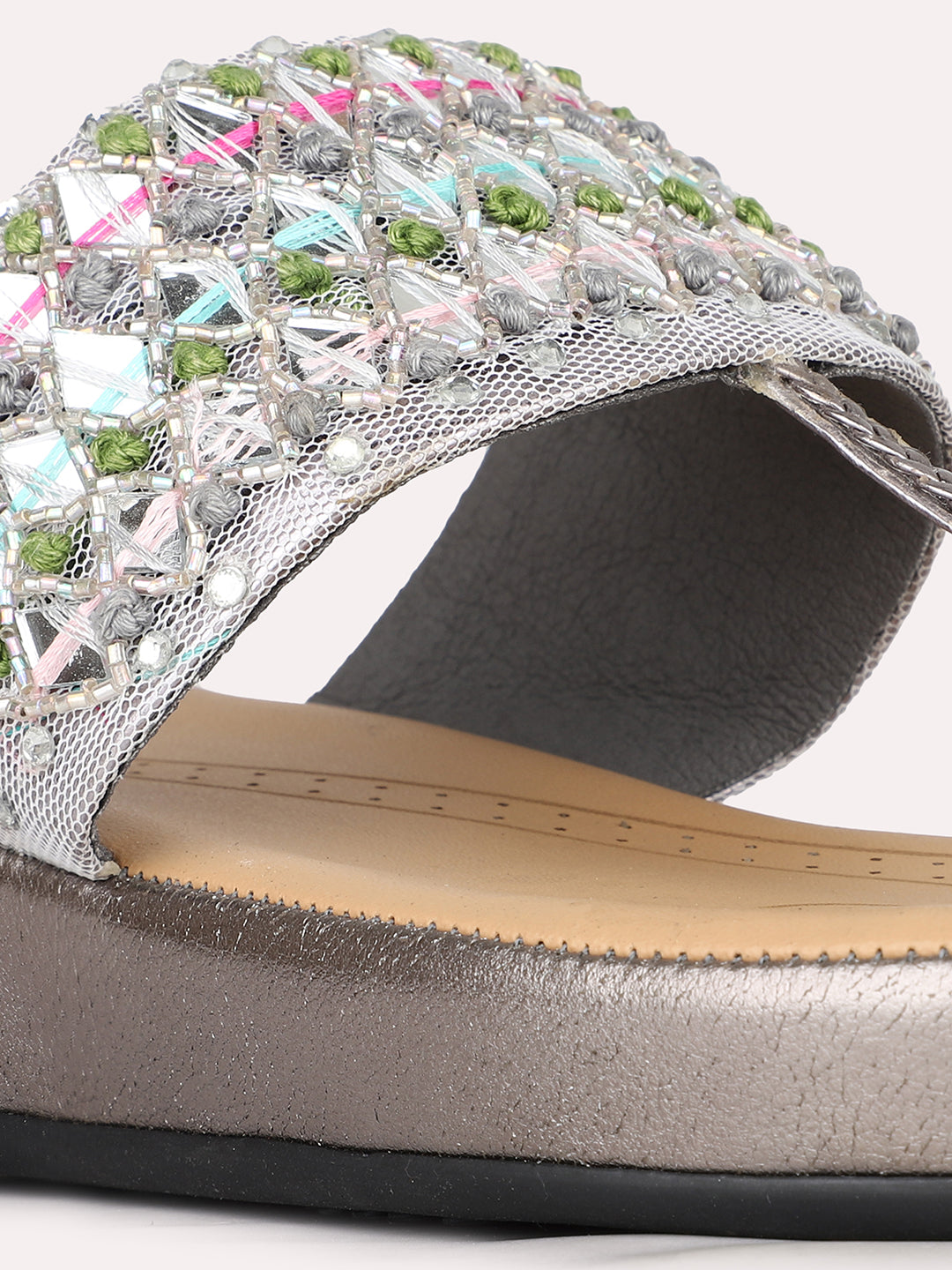 Womens Pewter Ethnic Embellished One Toe Flats