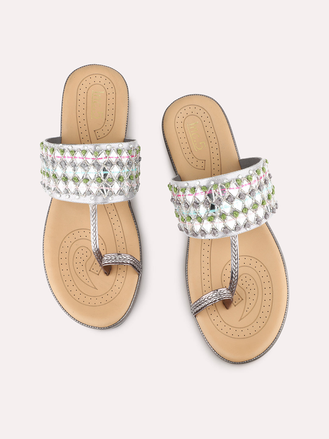 Womens Pewter Ethnic Embellished One Toe Flats