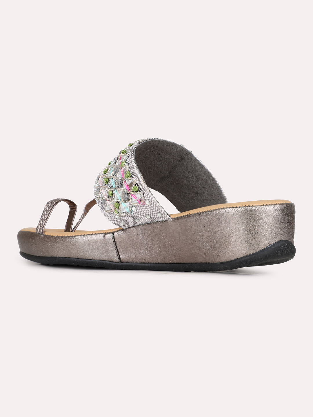 Womens Pewter Ethnic Embellished One Toe Flat Slip-On Sandals