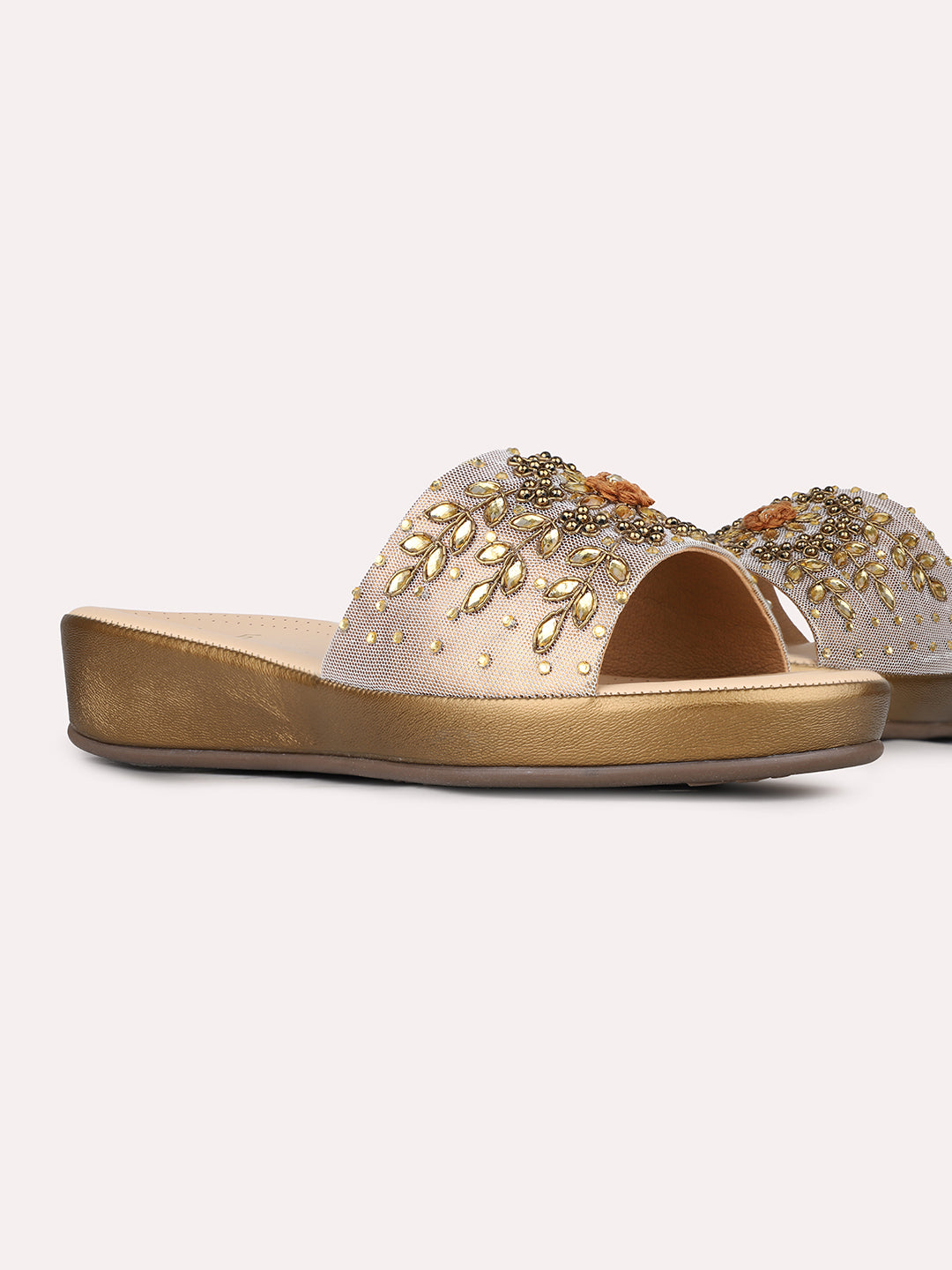 Womens Golden Ethnic Embellished Open Toe Flat Slip-On Sandals