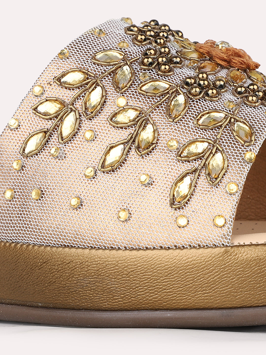 Womens Golden Ethnic Embellished Open Toe Flat Slip-On Sandals