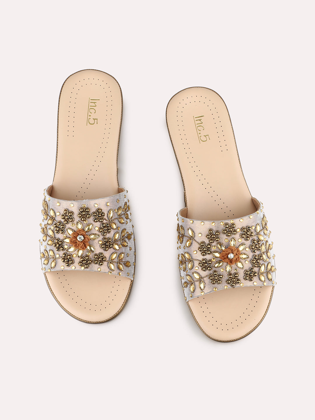 Womens Golden Ethnic Embellished Open Toe Flat Slip-On Sandals