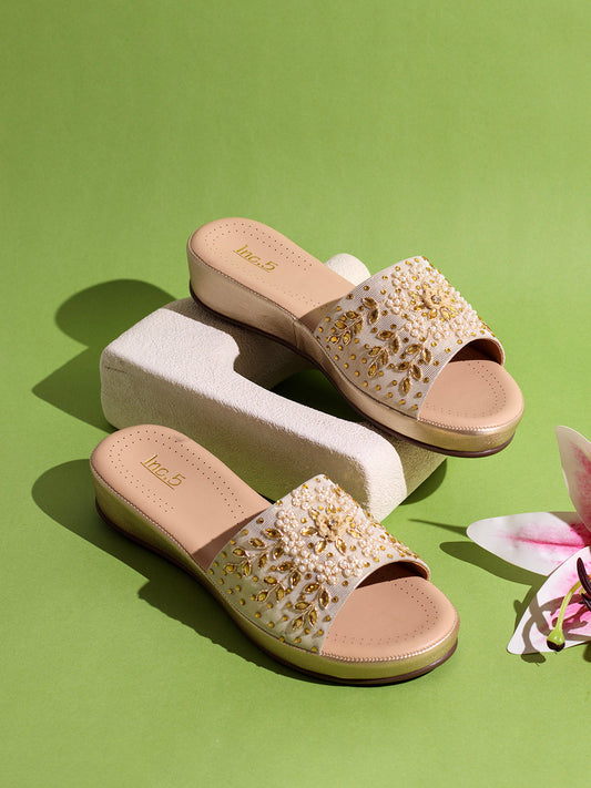Womens Golden Ethnic Embellished Open Toe Flats