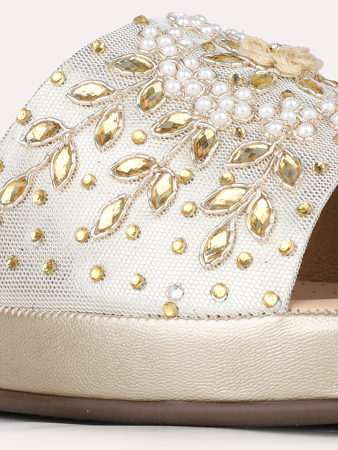 Womens Golden Ethnic Embellished Open Toe Flats