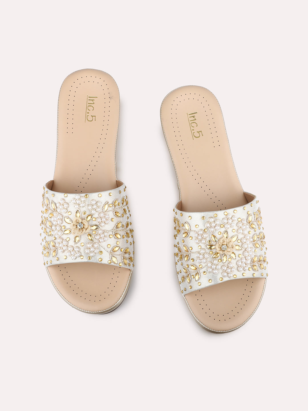 Womens Golden Ethnic Embellished Open Toe Flat Slip-On Sandals