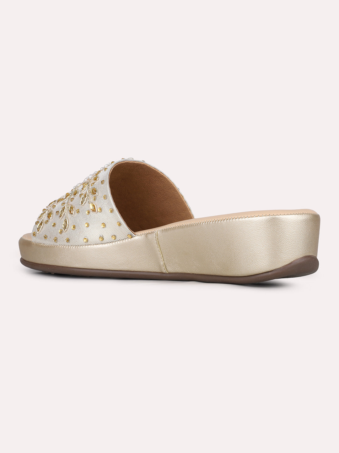 Womens Golden Ethnic Embellished Open Toe Flats