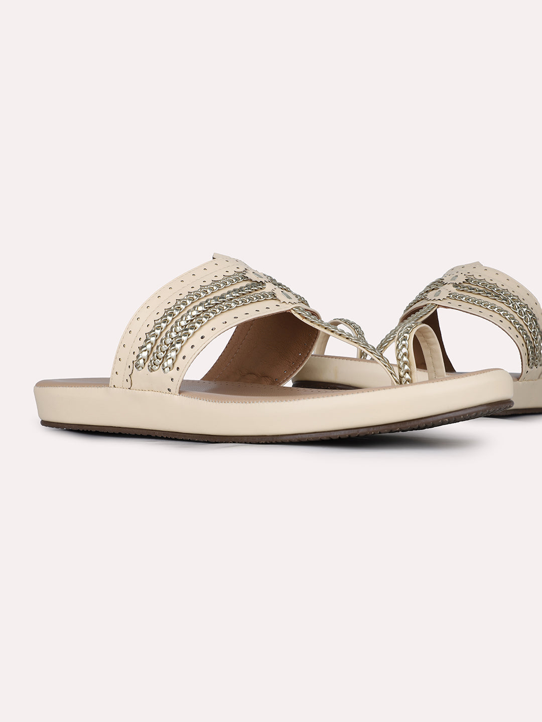 Womens Cream Ethnic Embellished One Toe Flat Slip-On Sandals