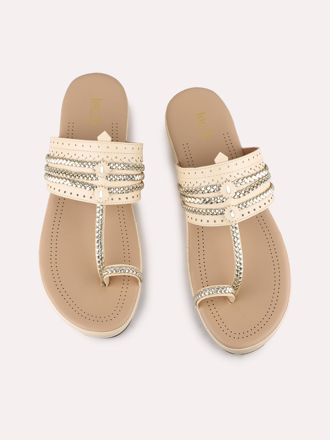 Womens Cream Ethnic Embellished One Toe Flat Slip-On Sandals