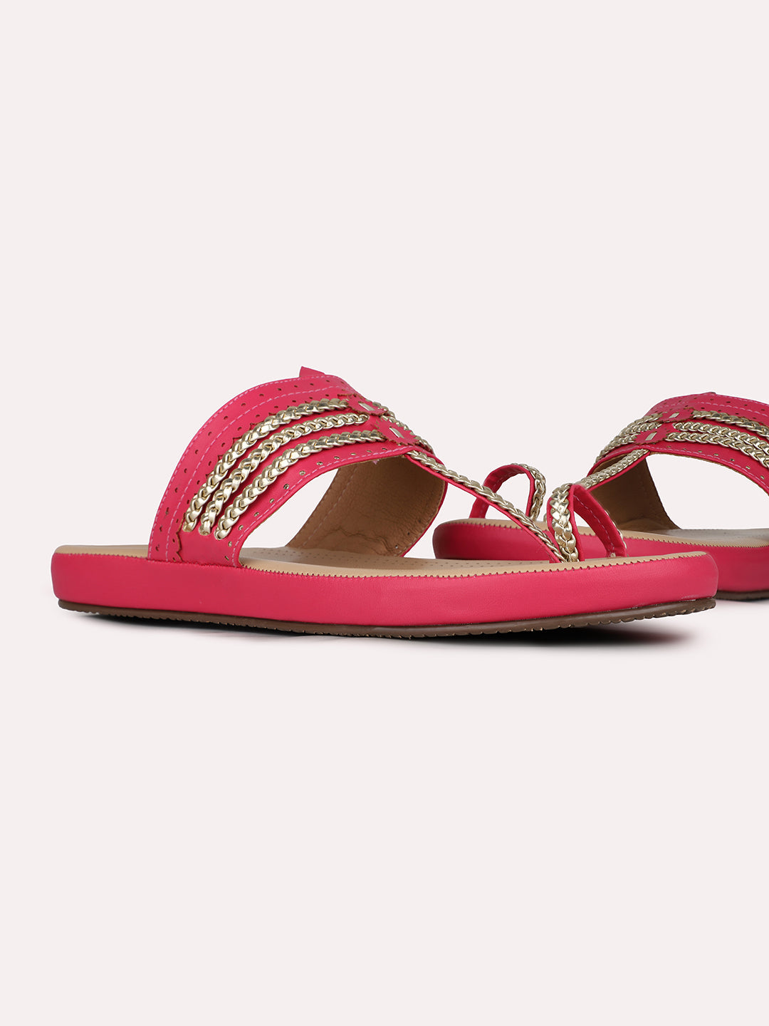 Womens Pink Ethnic Embellished One Toe Flat Slip-On Sandals