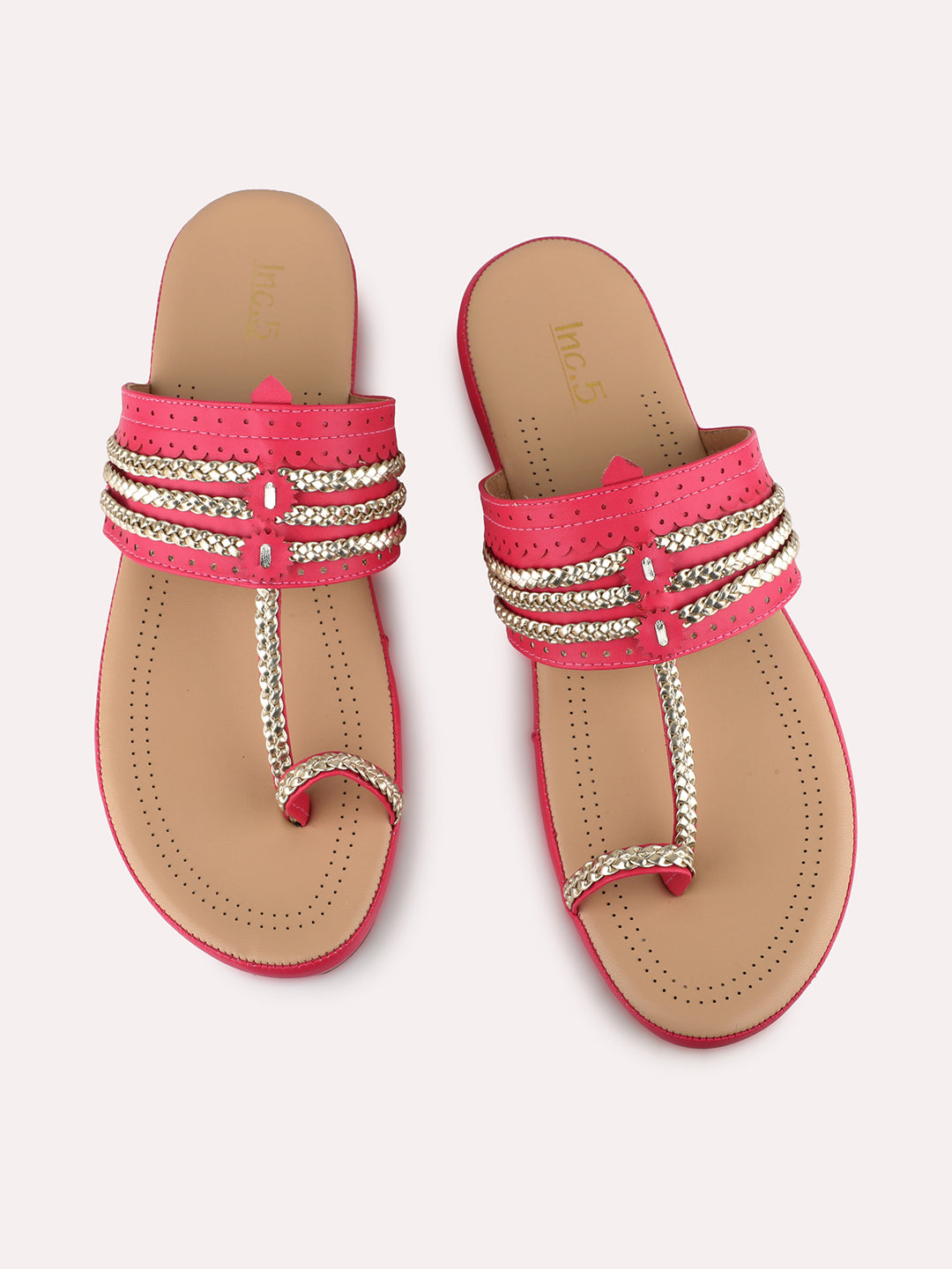 Womens Pink Ethnic Embellished One Toe Flat Slip-On Sandals