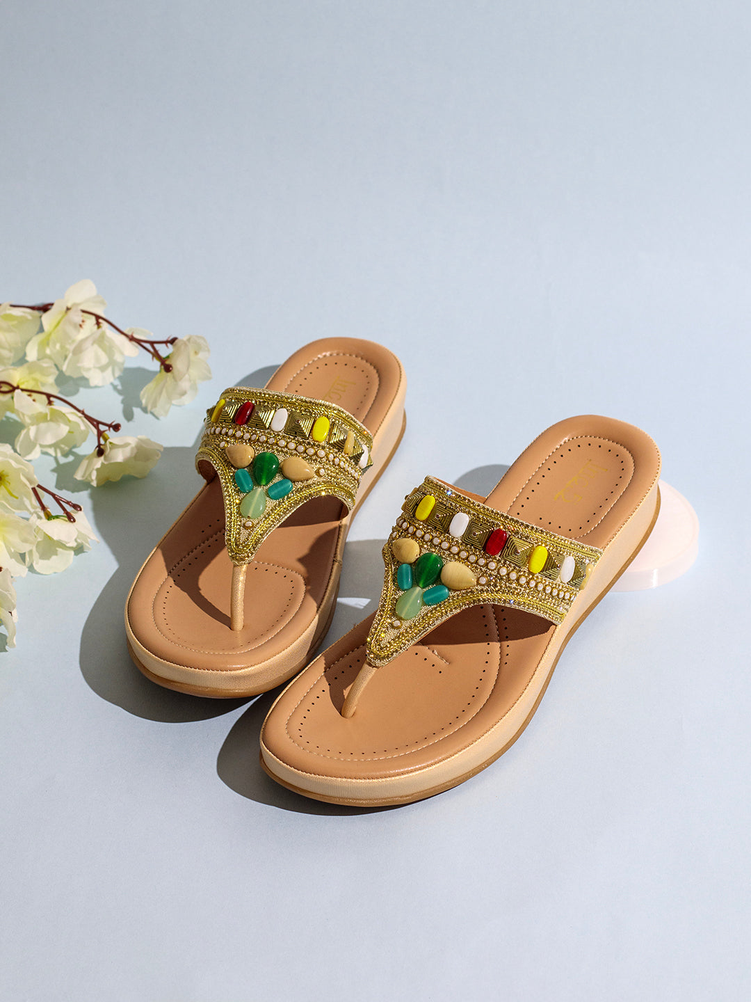 Womens Golden Ethnic Embellished T-Strap Flat Slip-On Sandals