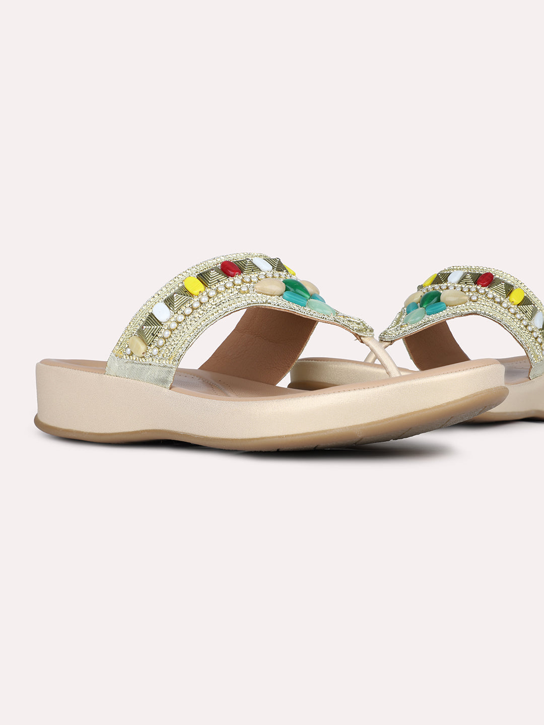 Womens Golden Ethnic Embellished T-Strap Flat Slip-On Sandals