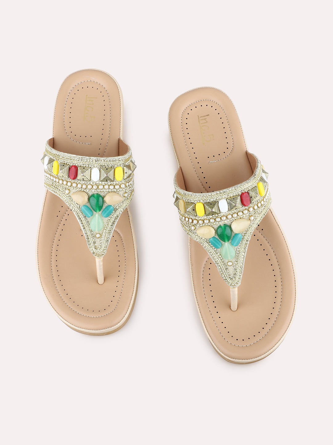 Womens Golden Ethnic Embellished T-Strap Flat Slip-On Sandals