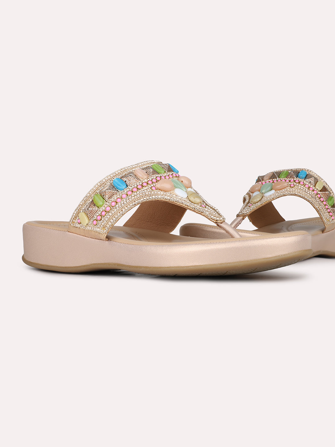 Womens Rose Gold Ethnic Embellished T-Strap Flat Slip-On Sandals