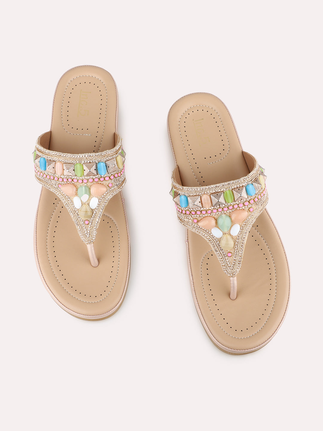 Womens Rose Gold Ethnic Embellished T-Strap Flat Slip-On Sandals