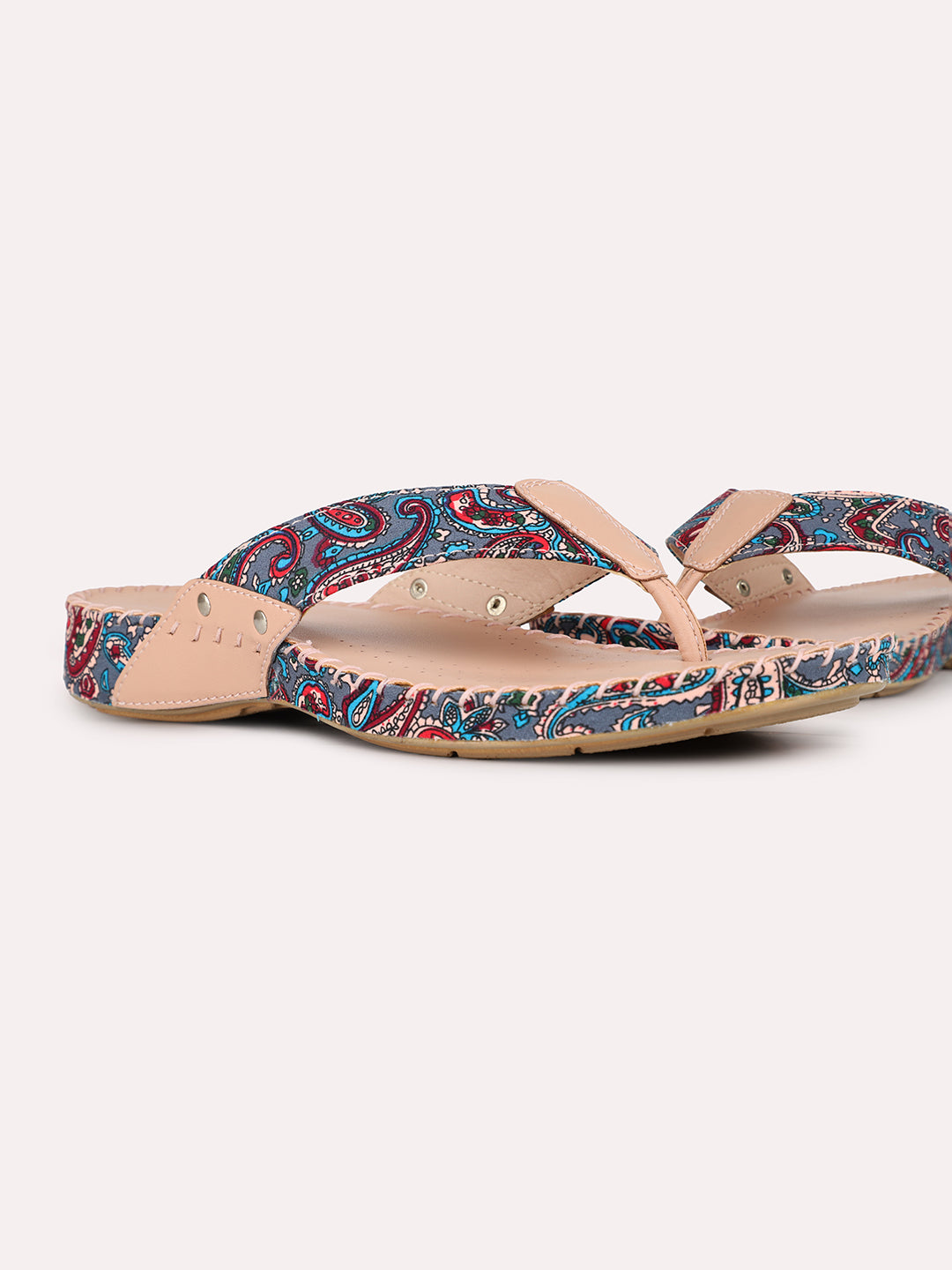 Womens Peach Ethnic Printed Toe T-Strap Flat Slip-On Sandals