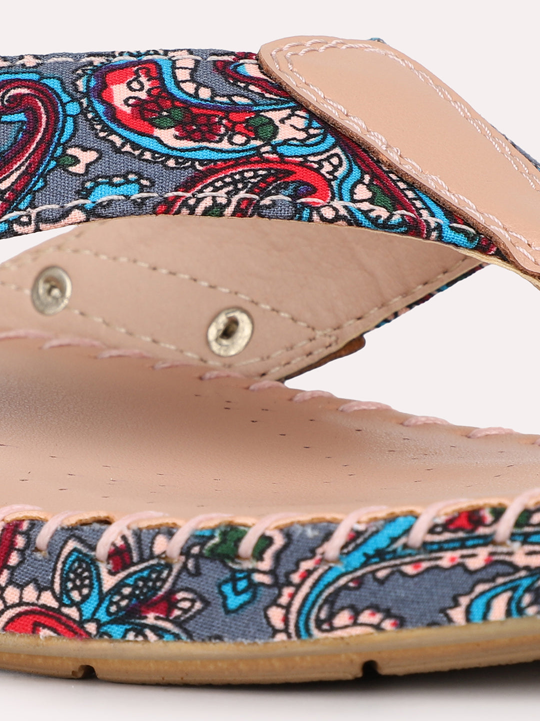 Womens Peach Ethnic Printed Toe T-Strap Flats