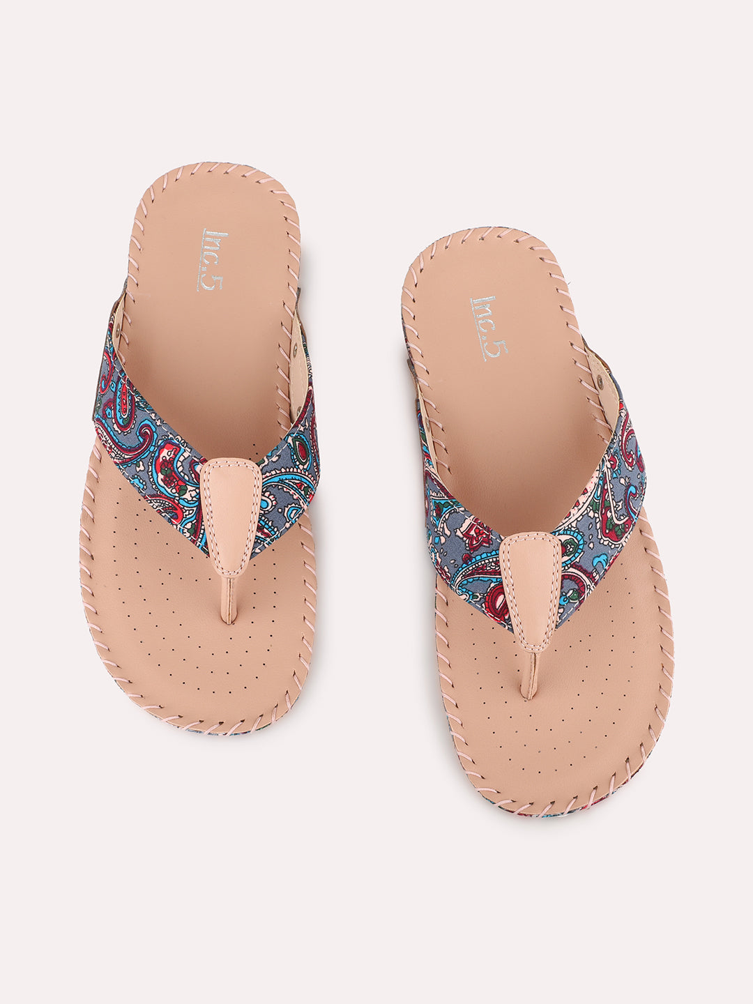 Womens Peach Ethnic Printed Toe T-Strap Flat Slip-On Sandals