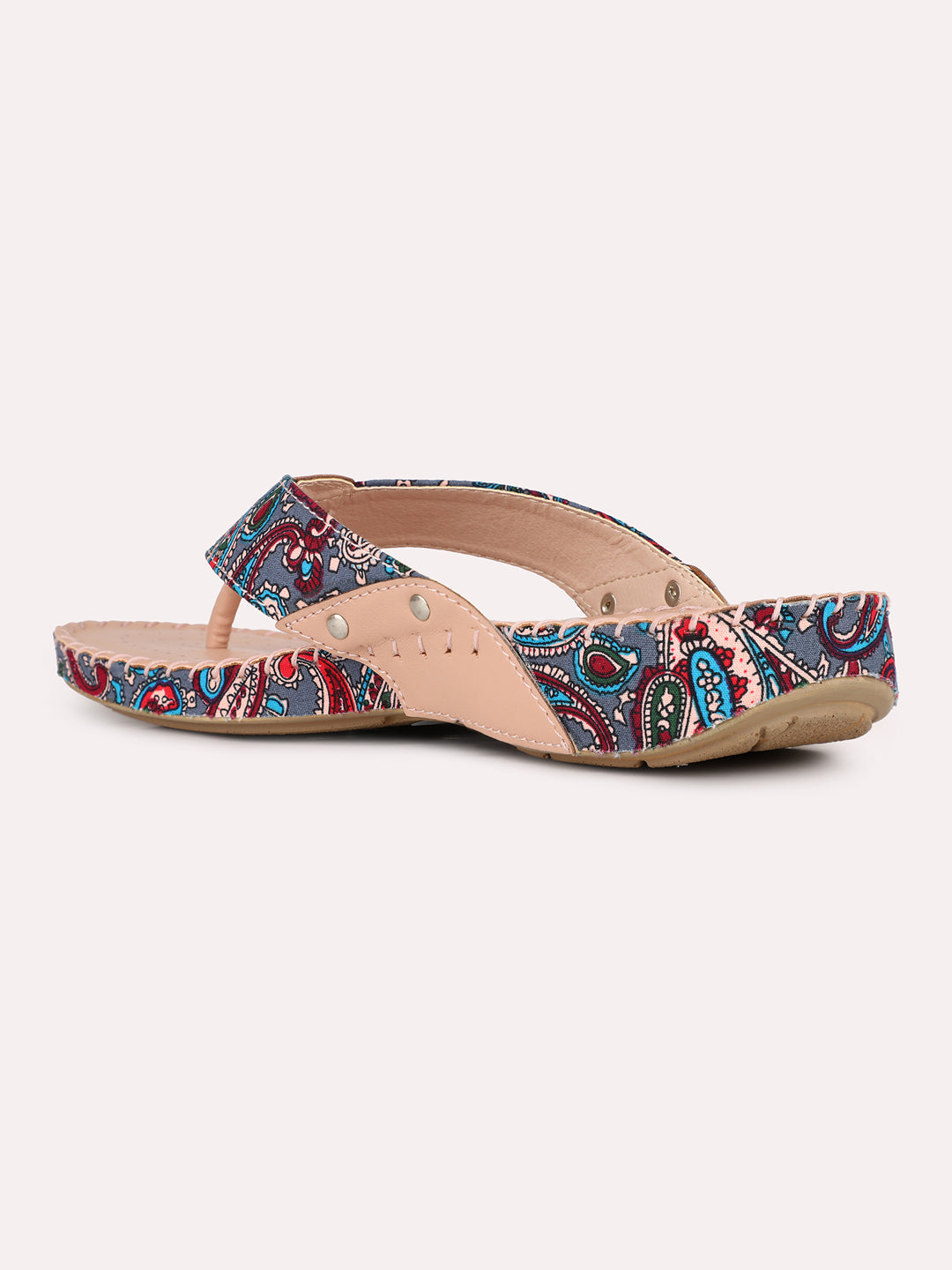 Womens Peach Ethnic Printed Toe T-Strap Flat Slip-On Sandals