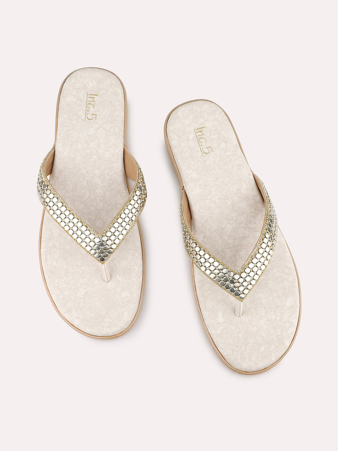 Womens Cream Casual Embellished T-Strap Flats