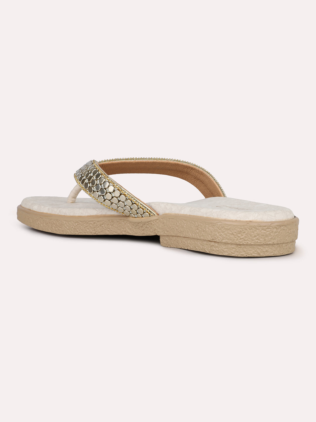 Womens Cream Casual Embellished T-Strap Flats