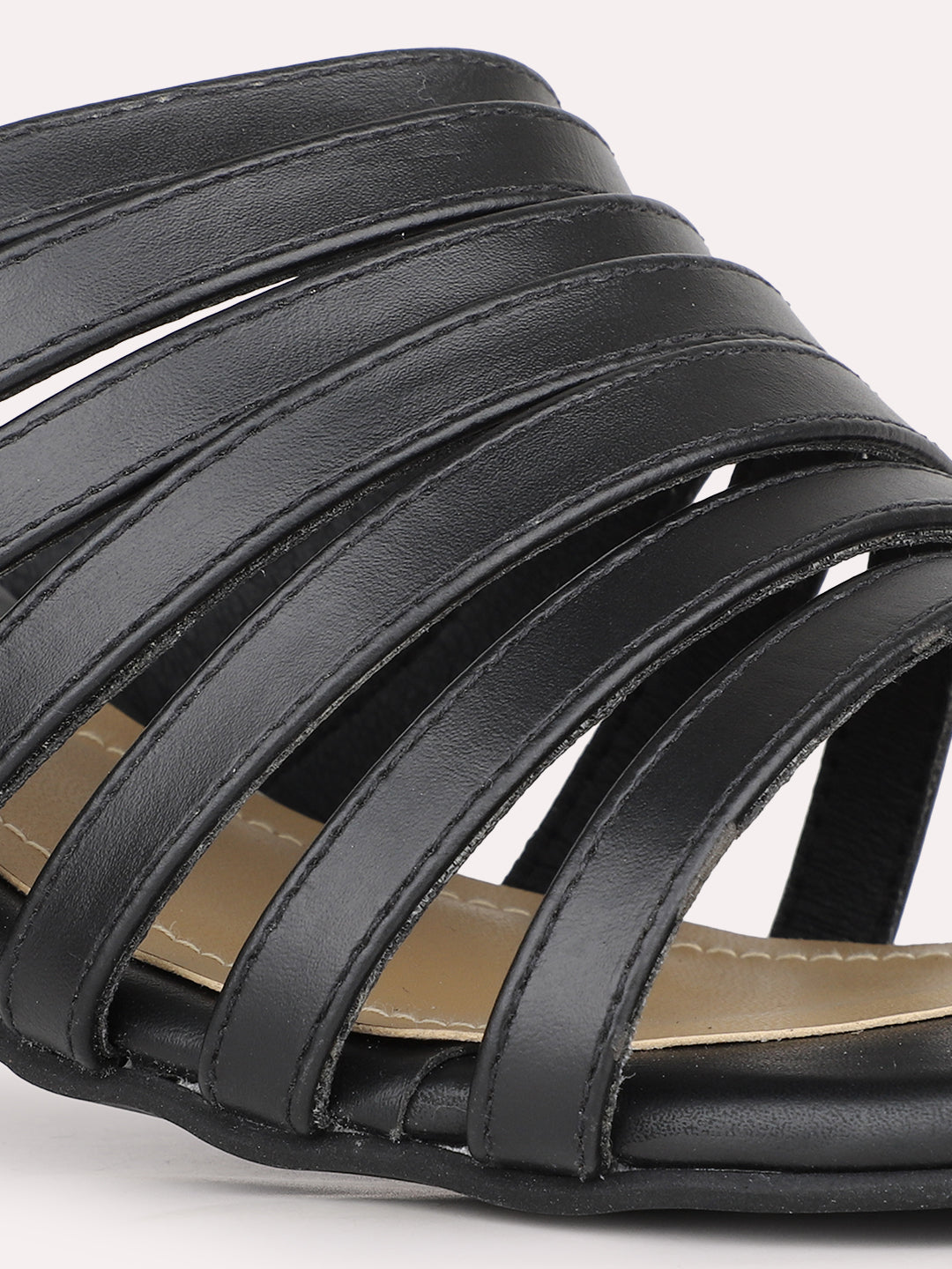 Womens Black Party Wear Striped Open Toe Heels