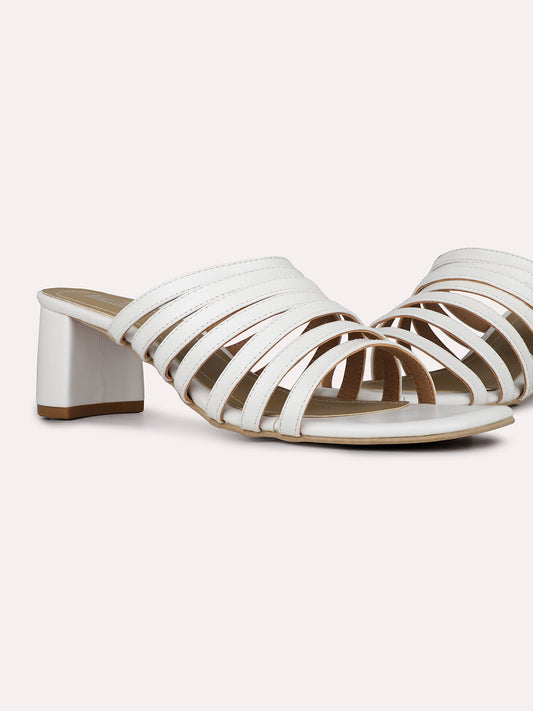 Womens White Party Wear Striped Open Toe Heels