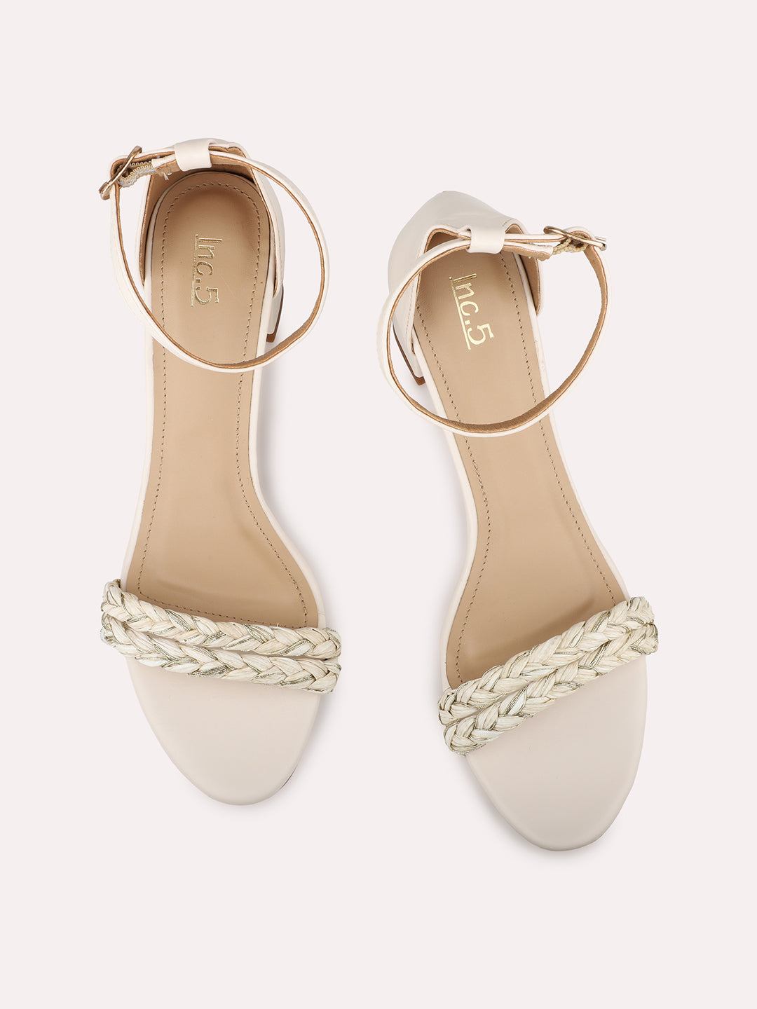 Womens Cream Party Wear Solid Round Toe Block Heel Sandals