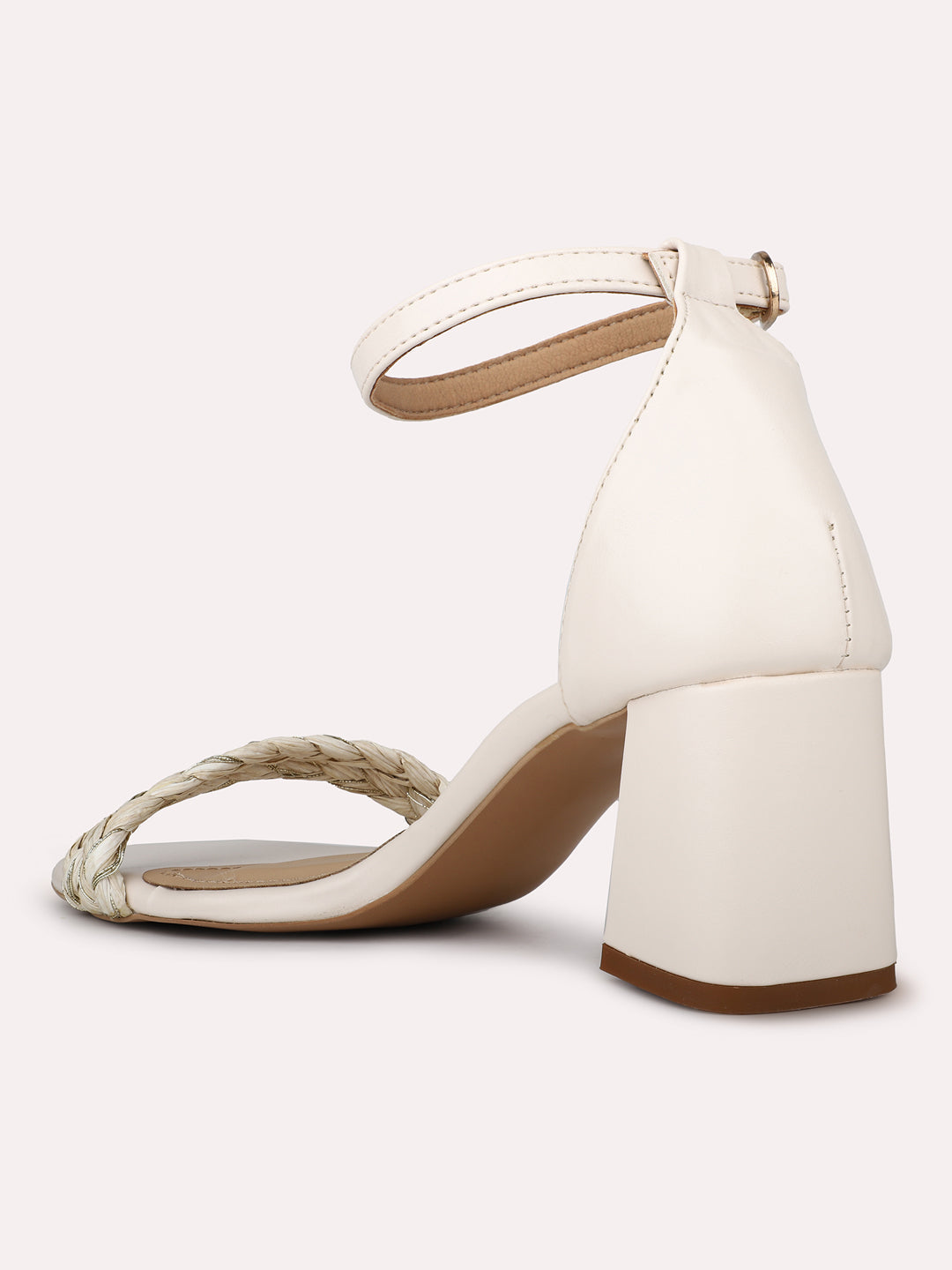 Womens Cream Party Wear Solid Round Toe Block Heels